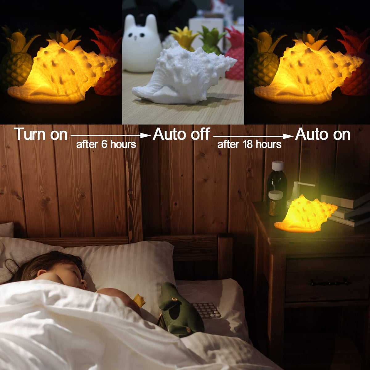 CICINY conch-shell night light, battery-powered, ideal for portable use.
