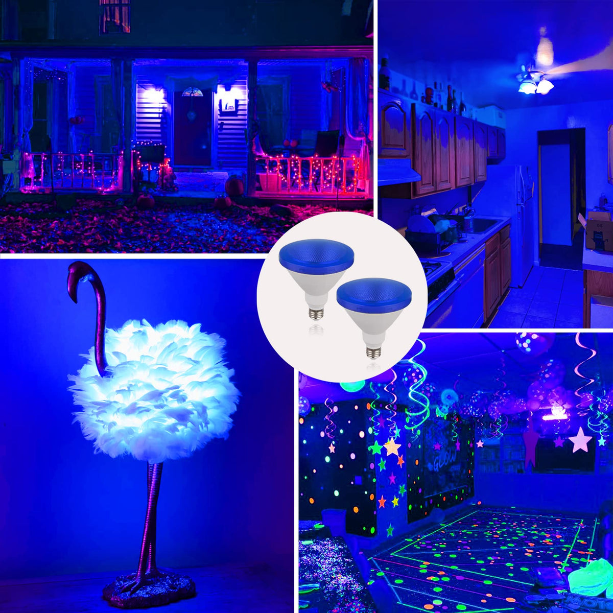 CICINY Par38 blue flood bulb creates mood lighting in a bedroom.