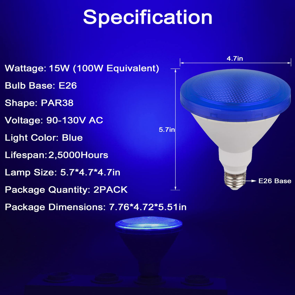CICINY blue Par38 flood bulb for outdoor porch illumination.