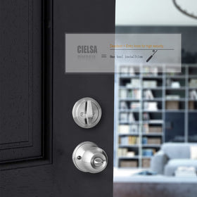 Cielsa Dawn satin nickel exterior lockset on a door for curb appeal