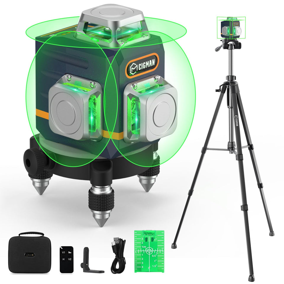CIGMAN 3D laser level with tripod for precise room layout and shelving alignment