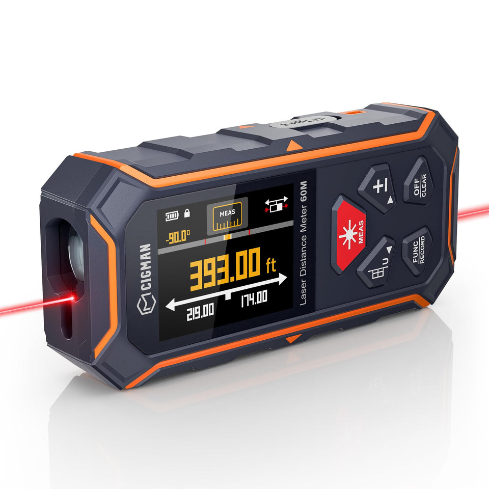 CIGMAN dual laser measuring tool front view shows compact design for quick room layout