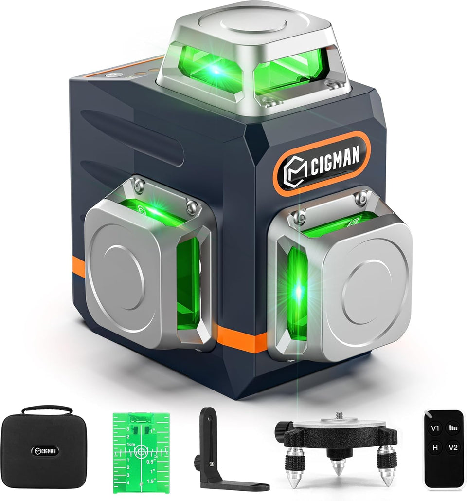 CIGMAN laser level front view with bright green lines for quick, precise interior leveling