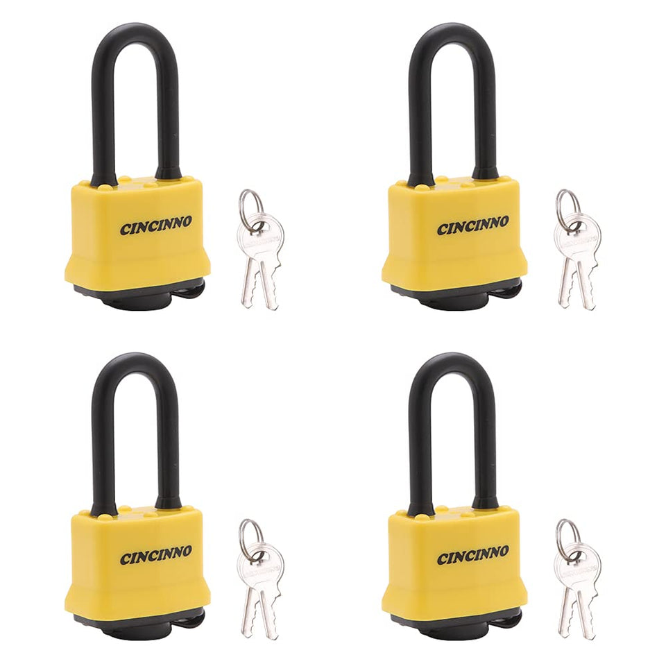 CINCINNO four-pack heavy-duty laminated steel padlocks for secure outdoor storage.