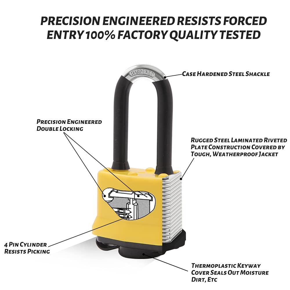 CINCINNO laminated steel body with long shackle for versatile indoor or outdoor use.