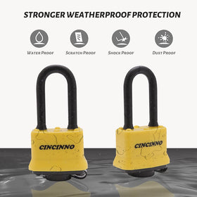 CINCINNO long-shackle padlock accommodates larger hasps for gates or sheds.