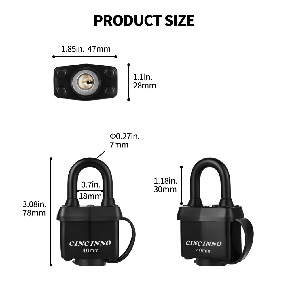 CINCINNO padlock shackle closeup shows a sturdy, dependable mechanism