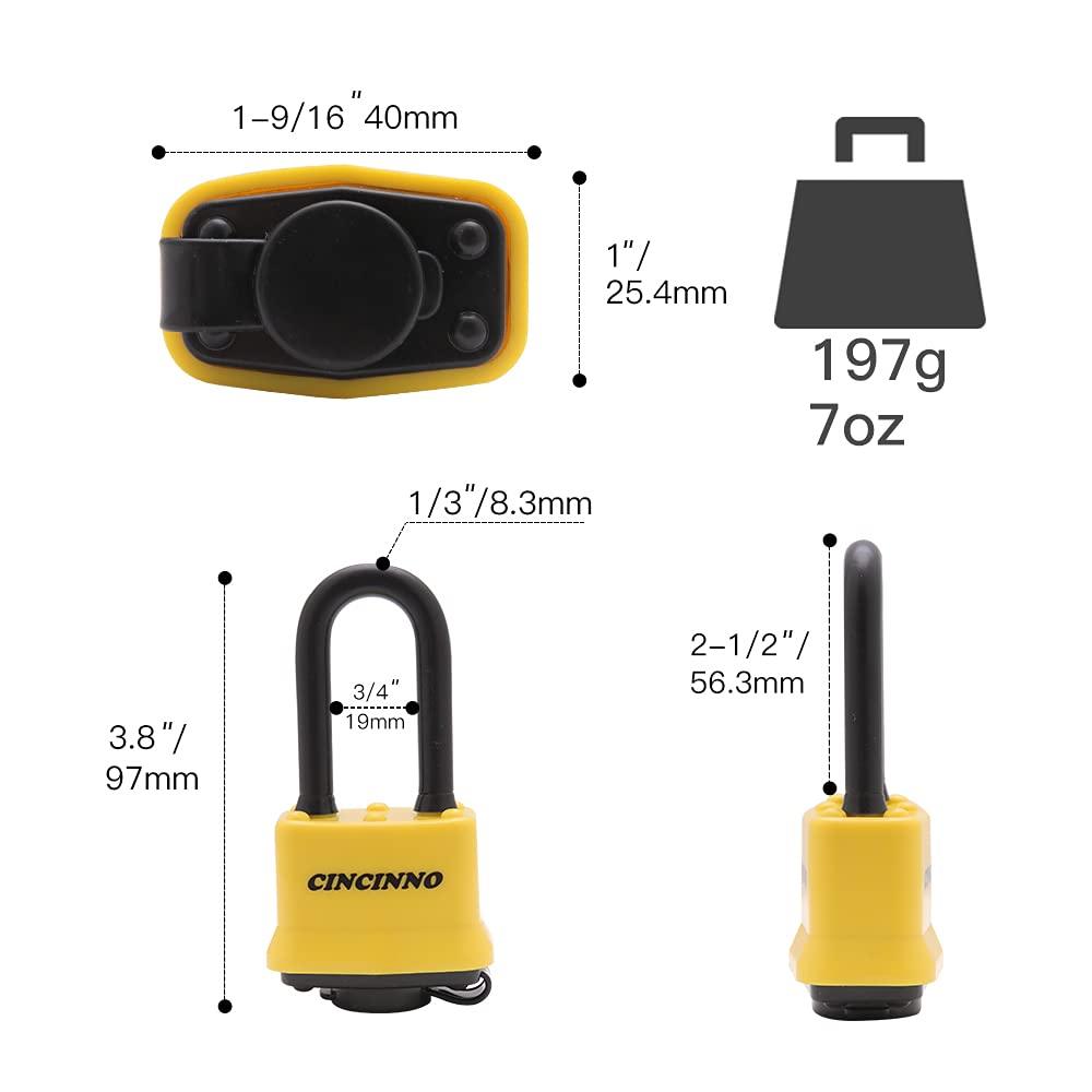 CINCINNO weatherproof yellow-shell padlocks protect against moisture and grime.