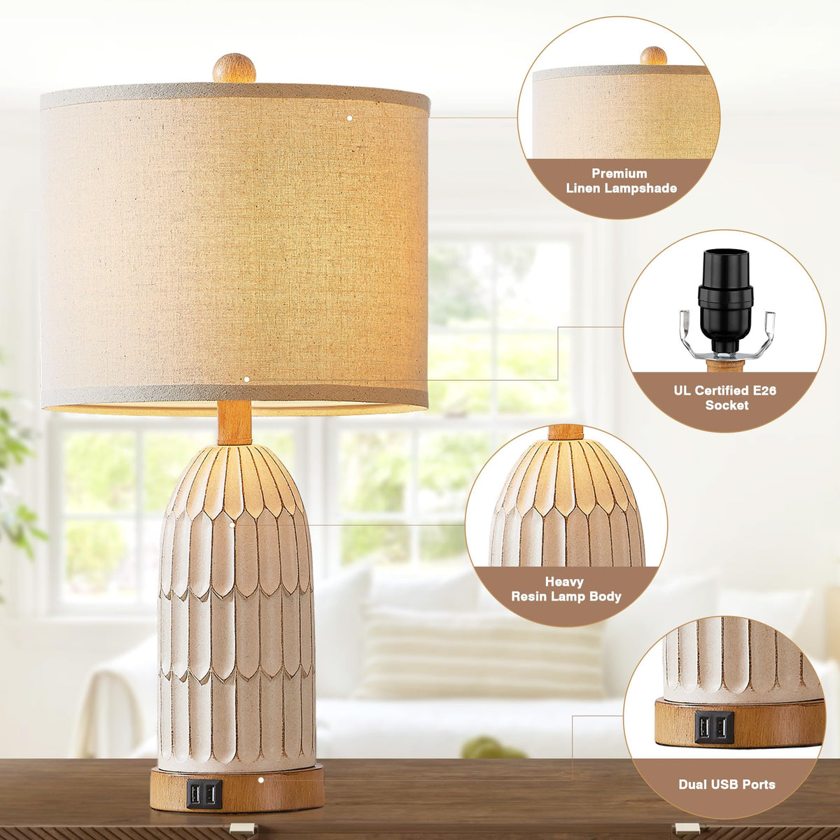 Cinkeda Boho table lamps antique white resin body for rustic farmhouse vibe