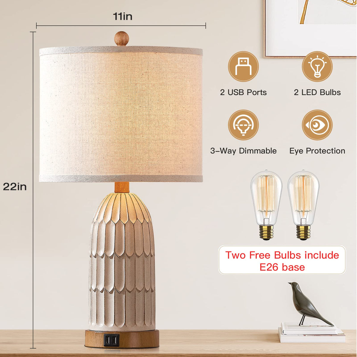 Cinkeda Boho table lamps showing USB charging ports for bedside devices