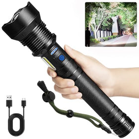 Cinlinso flashlight with a 99,000-lumen beam lighting large outdoor areas.