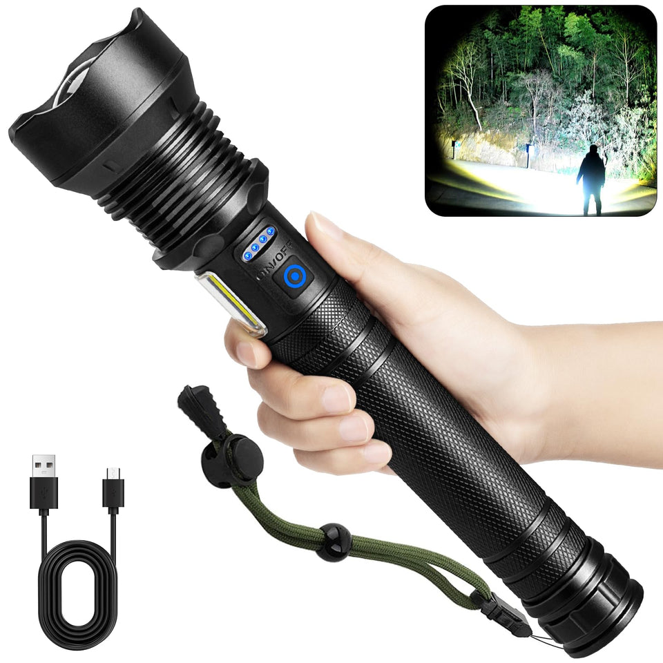Cinlinso rechargeable LED flashlight front view, ultra-bright for emergencies.