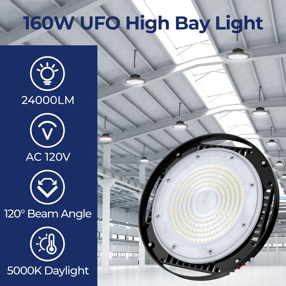 CINOTON 160W UFO High Bay Light at 5000K daylight for clear visibility