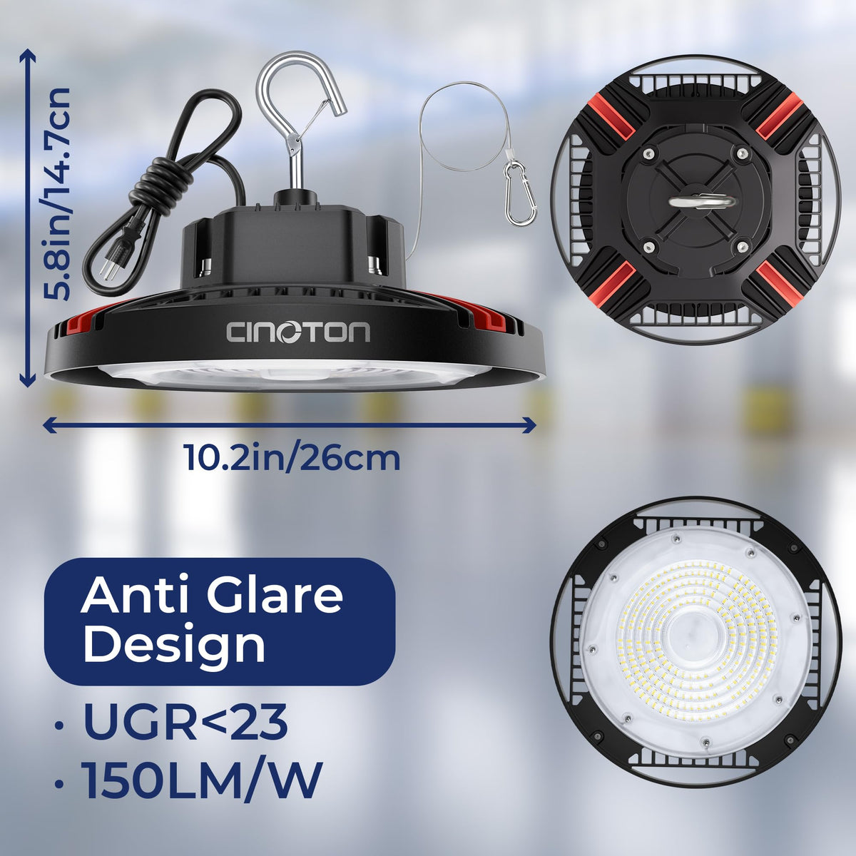 CINOTON 160W UFO LED high bay light assembly highlight easy installation and safety chain