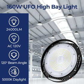 CINOTON 160W UFO LED high bay light diameter view highlighting efficient heat dissipation