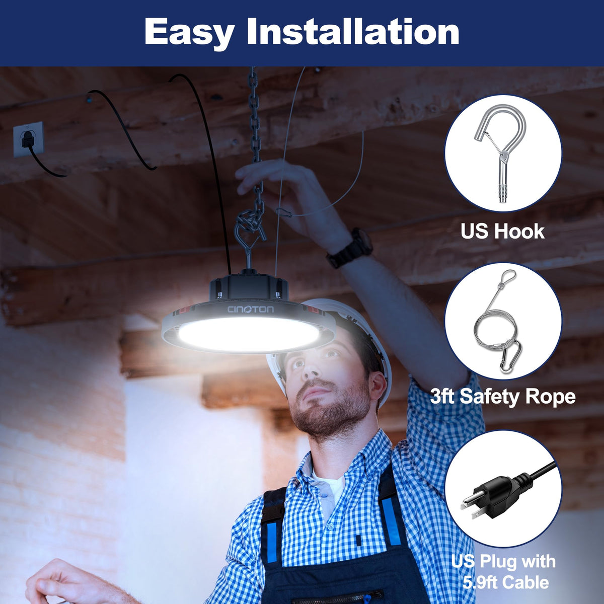 CINOTON 160W UFO LED high bay light dimensions show compact profile for low-clearance spaces