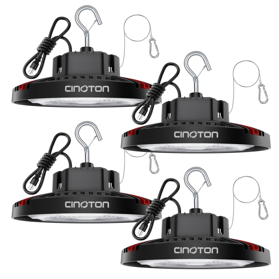 CINOTON 160W UFO high bay light, front view, delivers bright 24000 lm for clear warehouse lighting