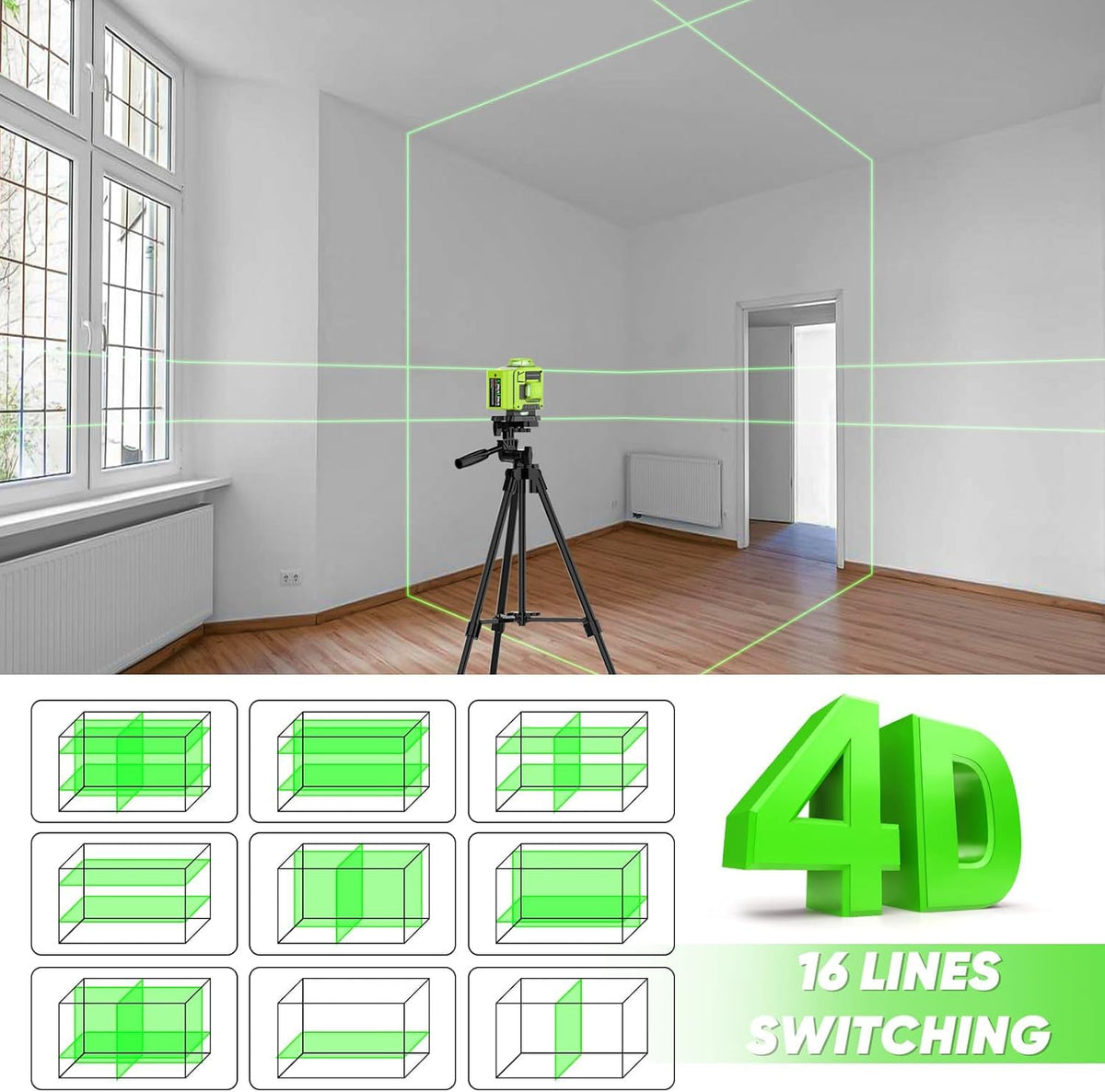 CinusLinus 4x360° green laser beams provide full-room reference.