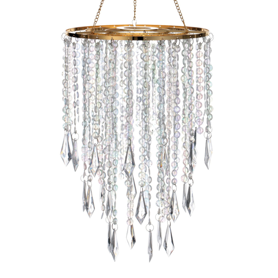 Cioceen acrylic chandelier with gold frame close-up showing beaded pendants for warm ambience