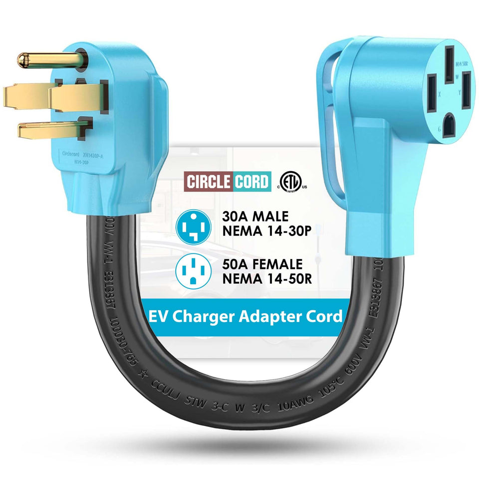 CircleCord adapter shows 4-prong NEMA connectors for home EV charging.