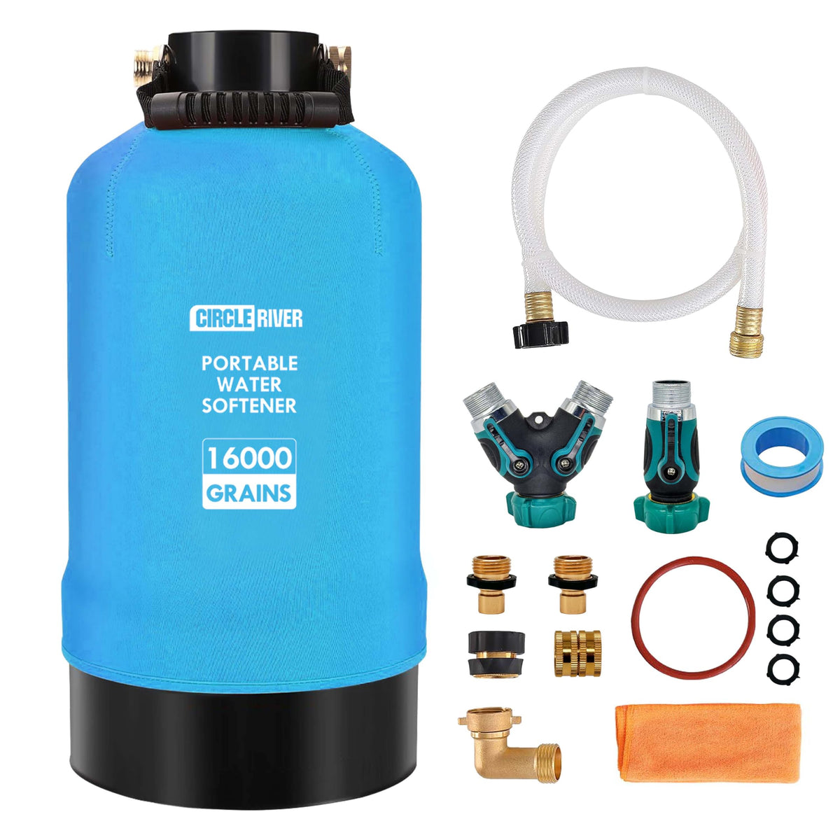 CircleRiver RV water softener with 16,000 grain capacity for hard water.