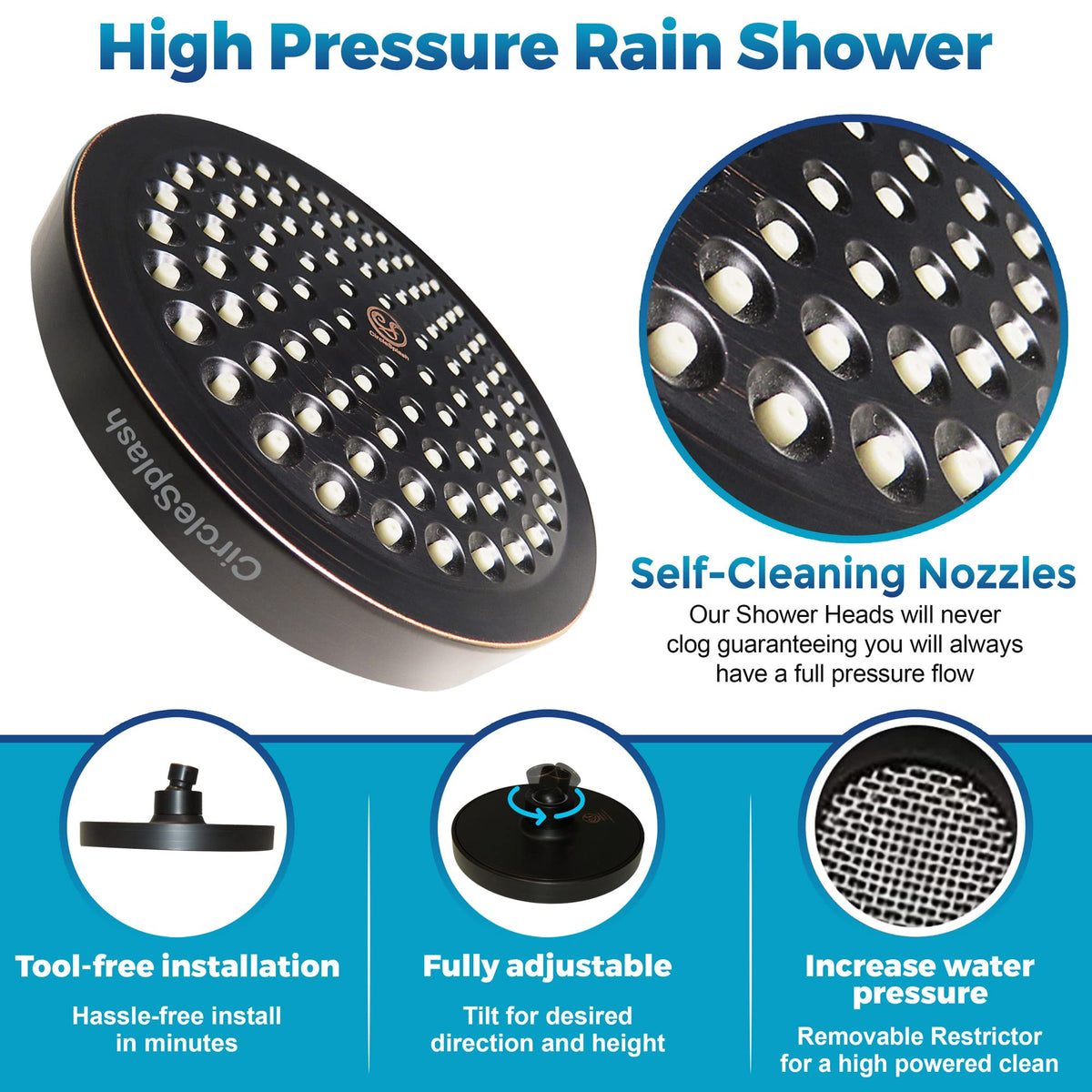 Close-up of CircleSplash anti-clogging silicone nozzles on the oil rubbed bronze finish.