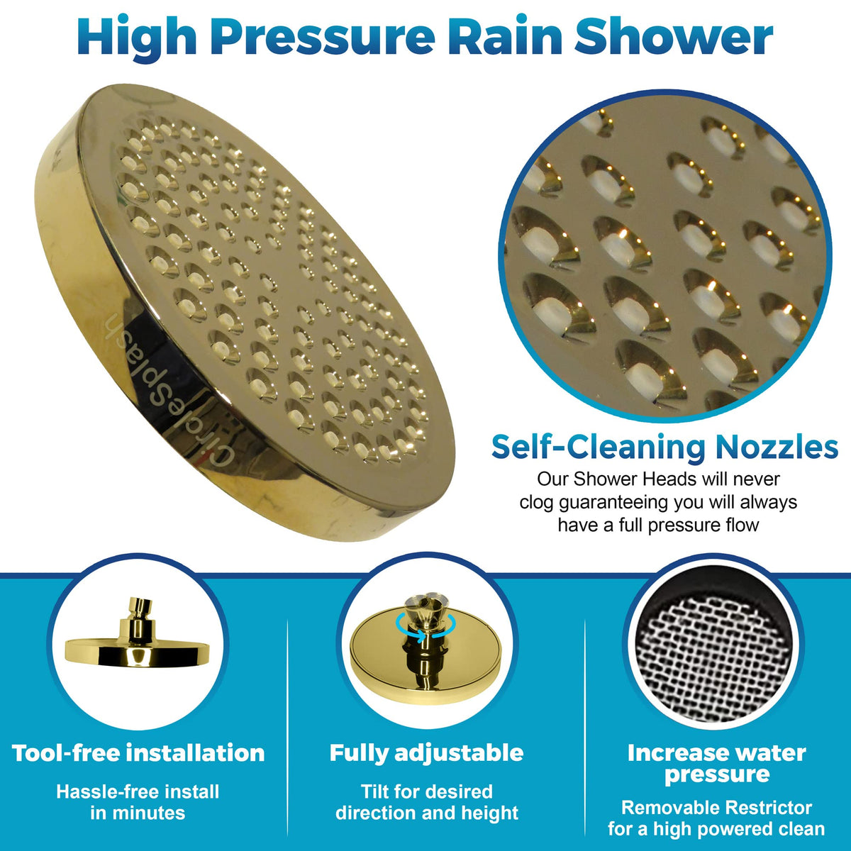 CircleSplash 90 self-cleaning jets provide broad coverage and a massage-like spray.