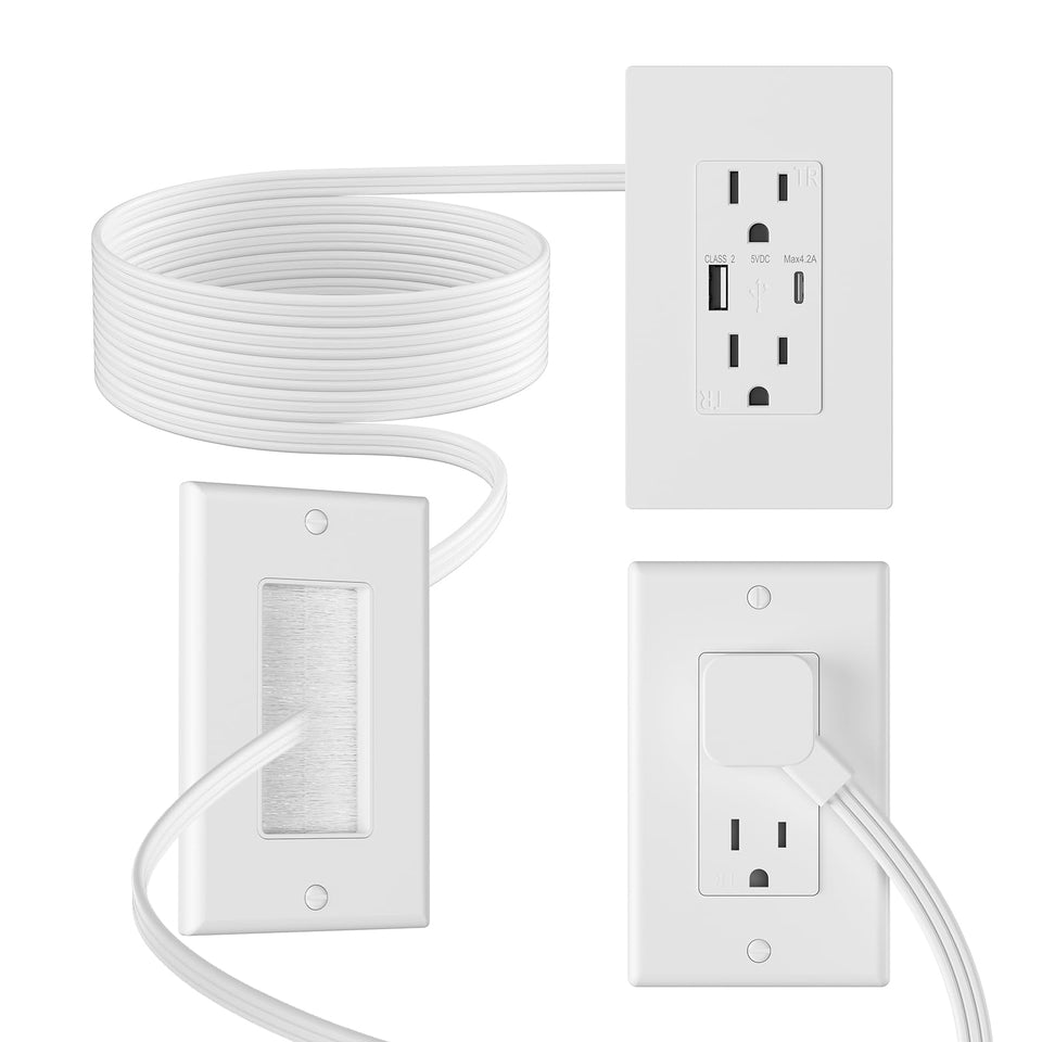 CIRKULYX outlet relocation kit hides cables for a neat wall-mounted TV setup.