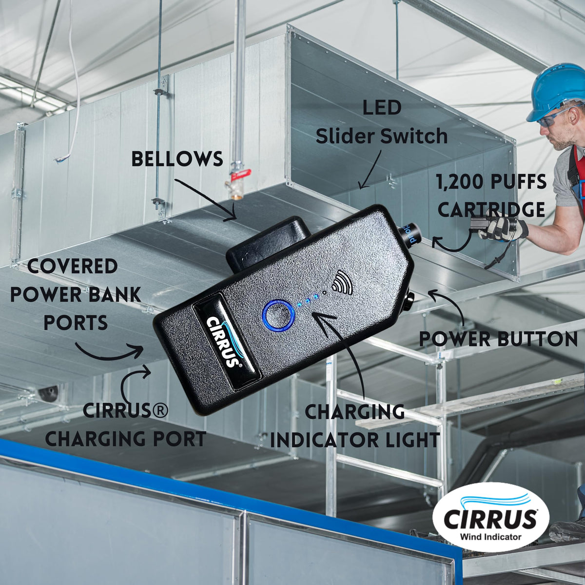 Cirrus wind indicator in use indoors shows flame-free HVAC testing.