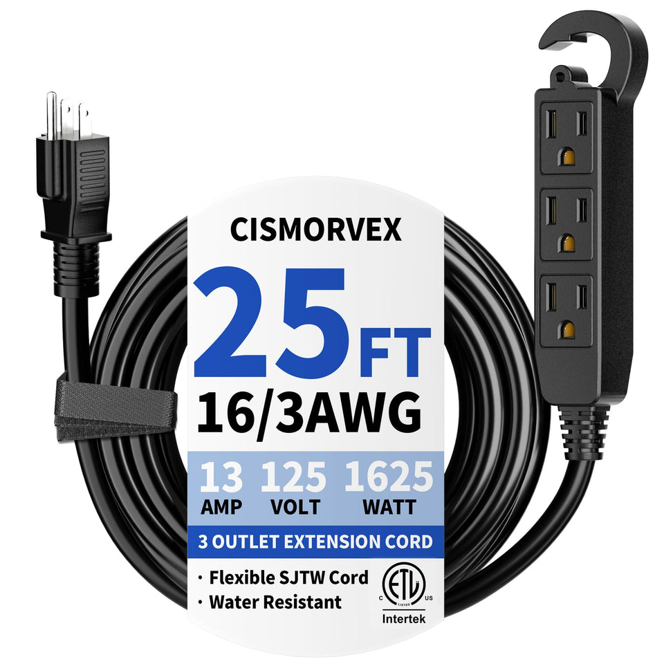 Cismorvex 25 ft outdoor extension cord with three outlets for garden power access.