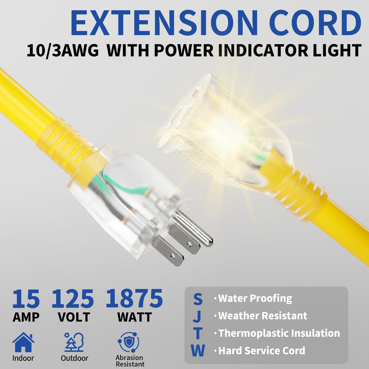 Cismorvex 50ft lighted extension cord with NEMA 5-15P plug for versatile indoor-outdoor use.