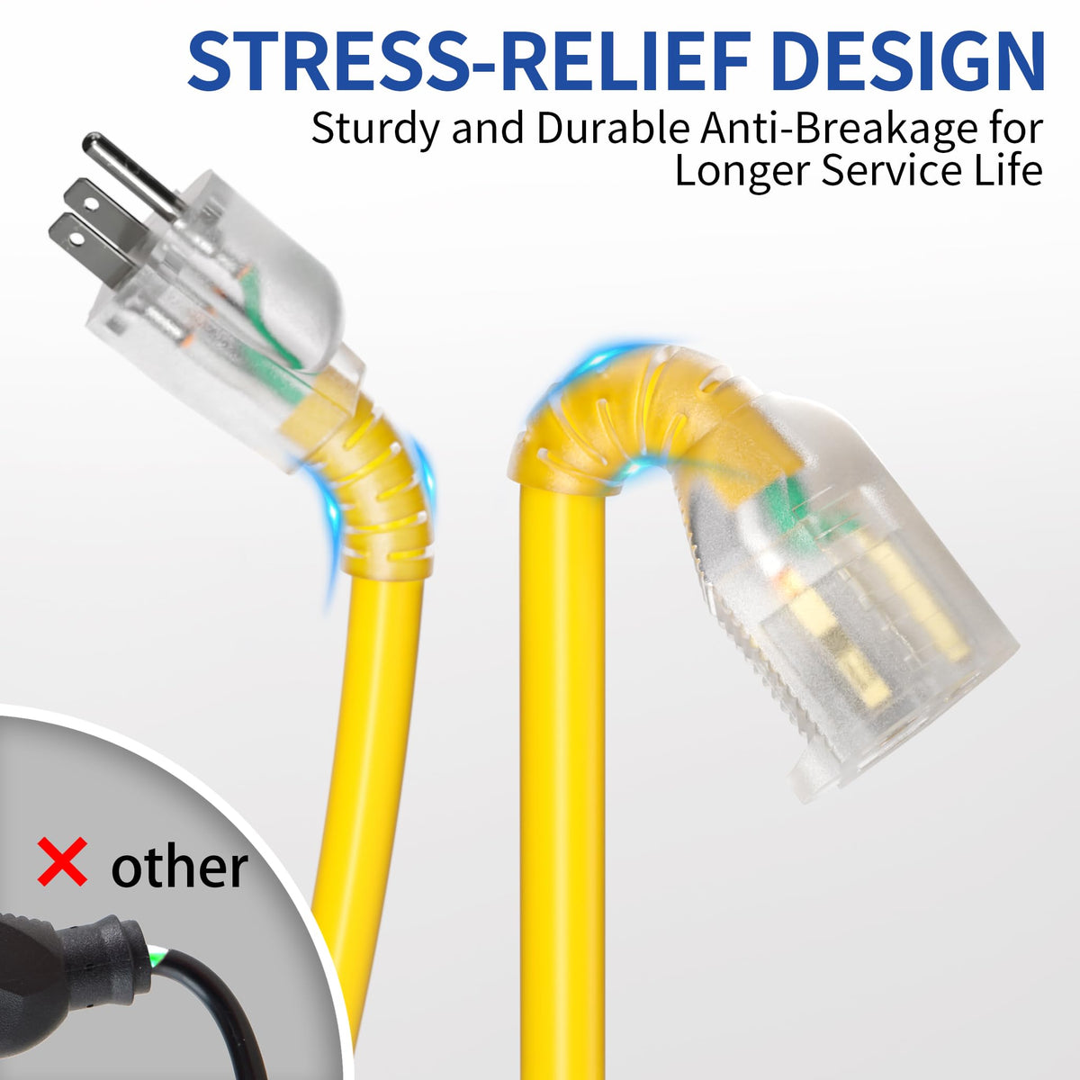 Cismorvex 50ft lighted extension cord with reinforced strain relief for long-lasting connections.