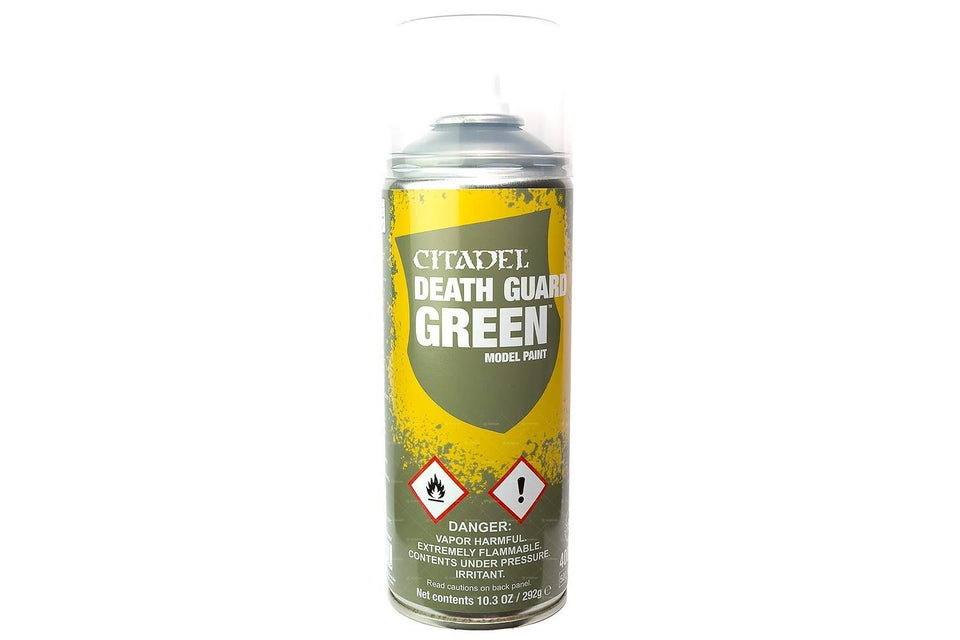 Citadel Death Guard Green spray primer for smooth base coats on miniatures.
