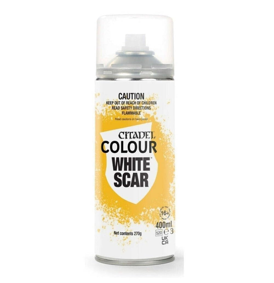 Citadel White Scar spray primer can top view for smooth base coating
