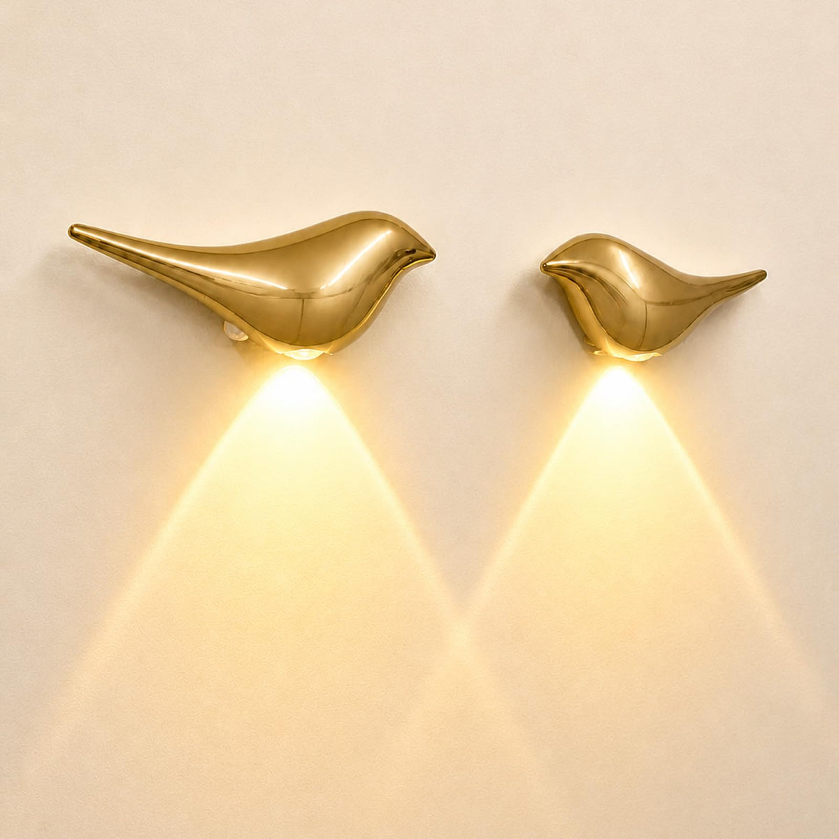 Civicia Golden Bird Wall Light set enhances bedroom ambience with warm illumination.