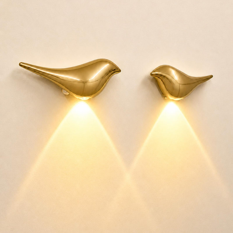 Civicia Golden Bird Wall Light set enhances bedroom ambience with warm illumination.