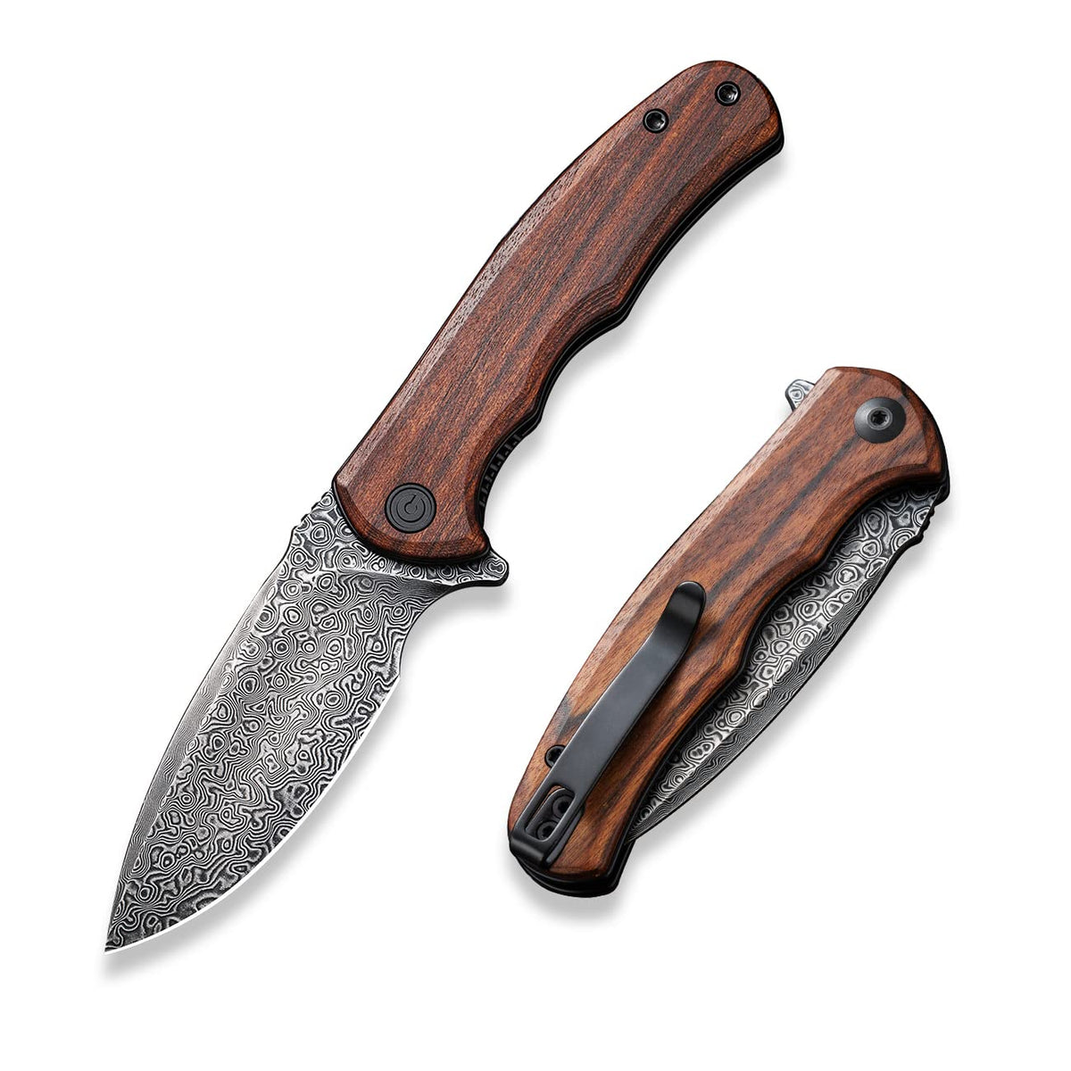 CIVIVI Praxis damascus blade close-up showing intricate pattern and sharp edge for outdoor use