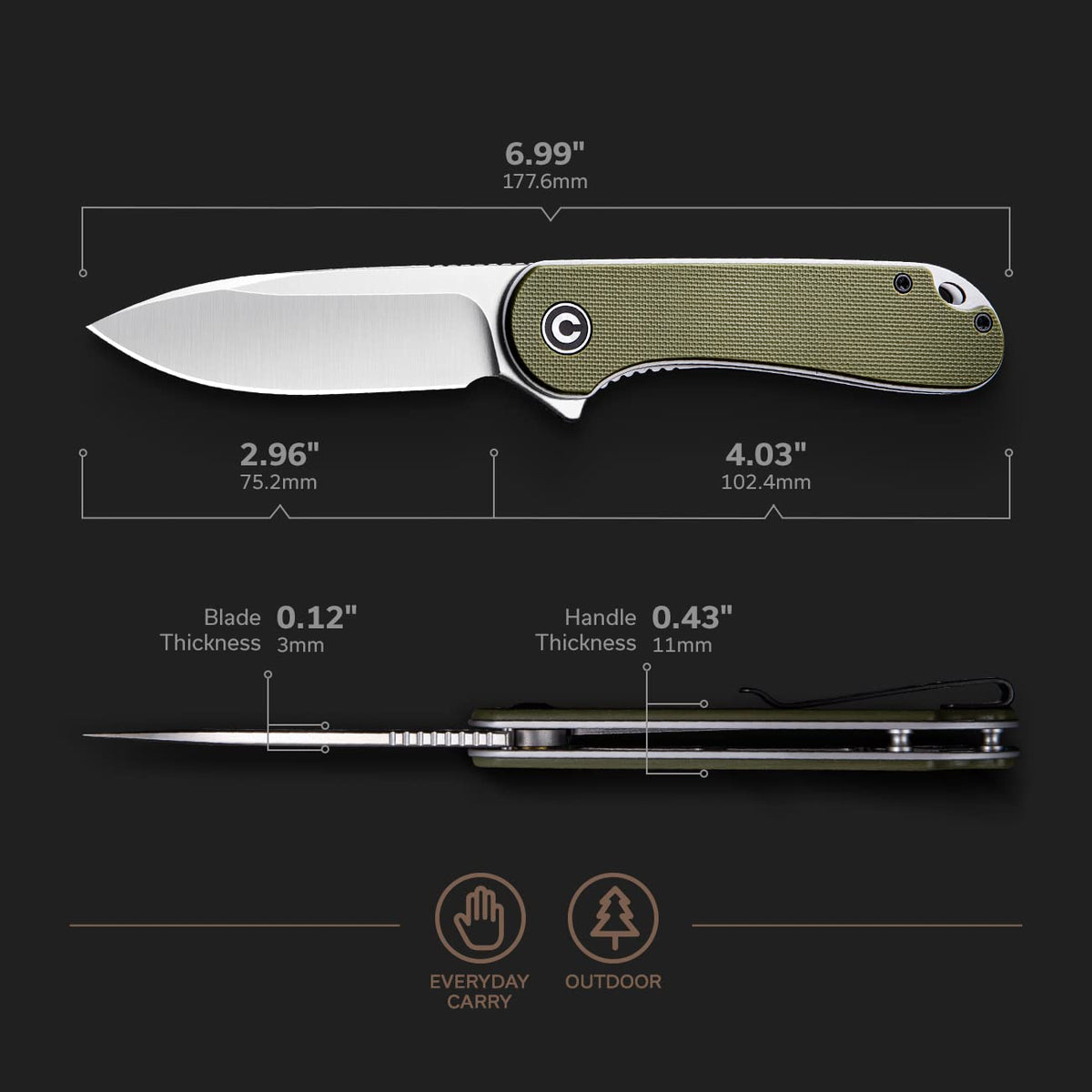 CIVIVI Elementum green G-10 handle for secure grip during use.