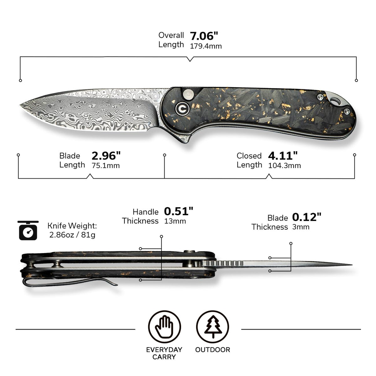 CIVIVI Elementum II button lock keeps the blade secure.