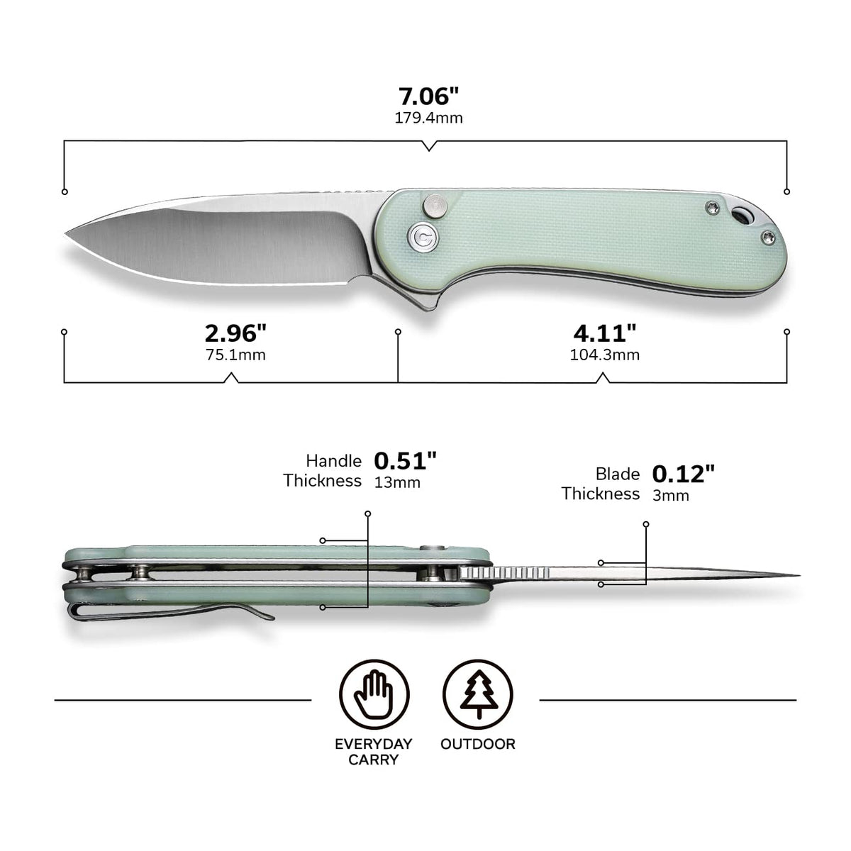 CIVIVI Elementum II Nitro-V steel blade detail for a sharp cutting edge.