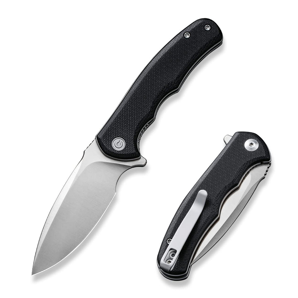 CIVIVI Mini Praxis blade close-up showing satin D2 steel edge for everyday carry.