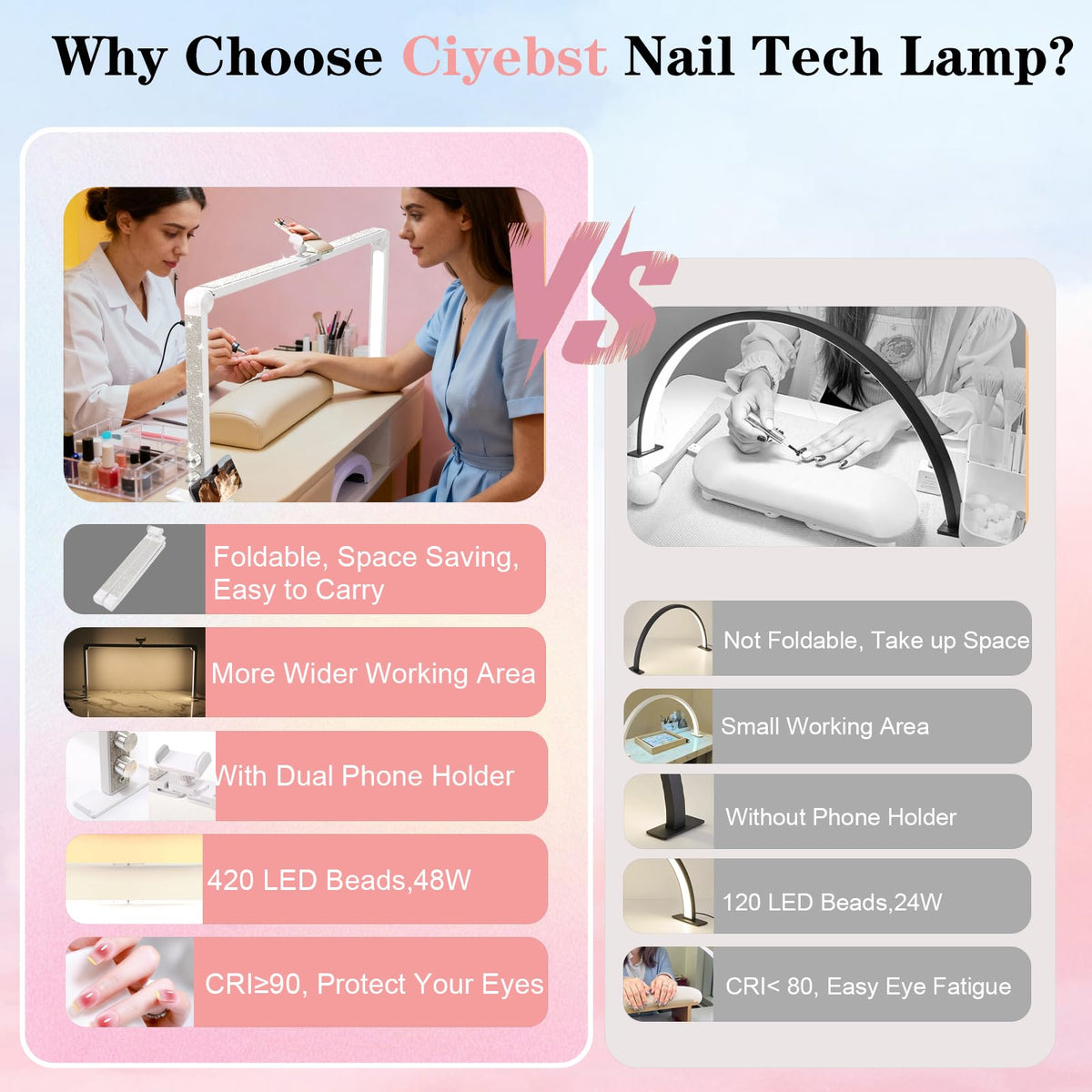 Ciyebst Nail Tech Lamp brightness control enables customized warmth and cool lighting.