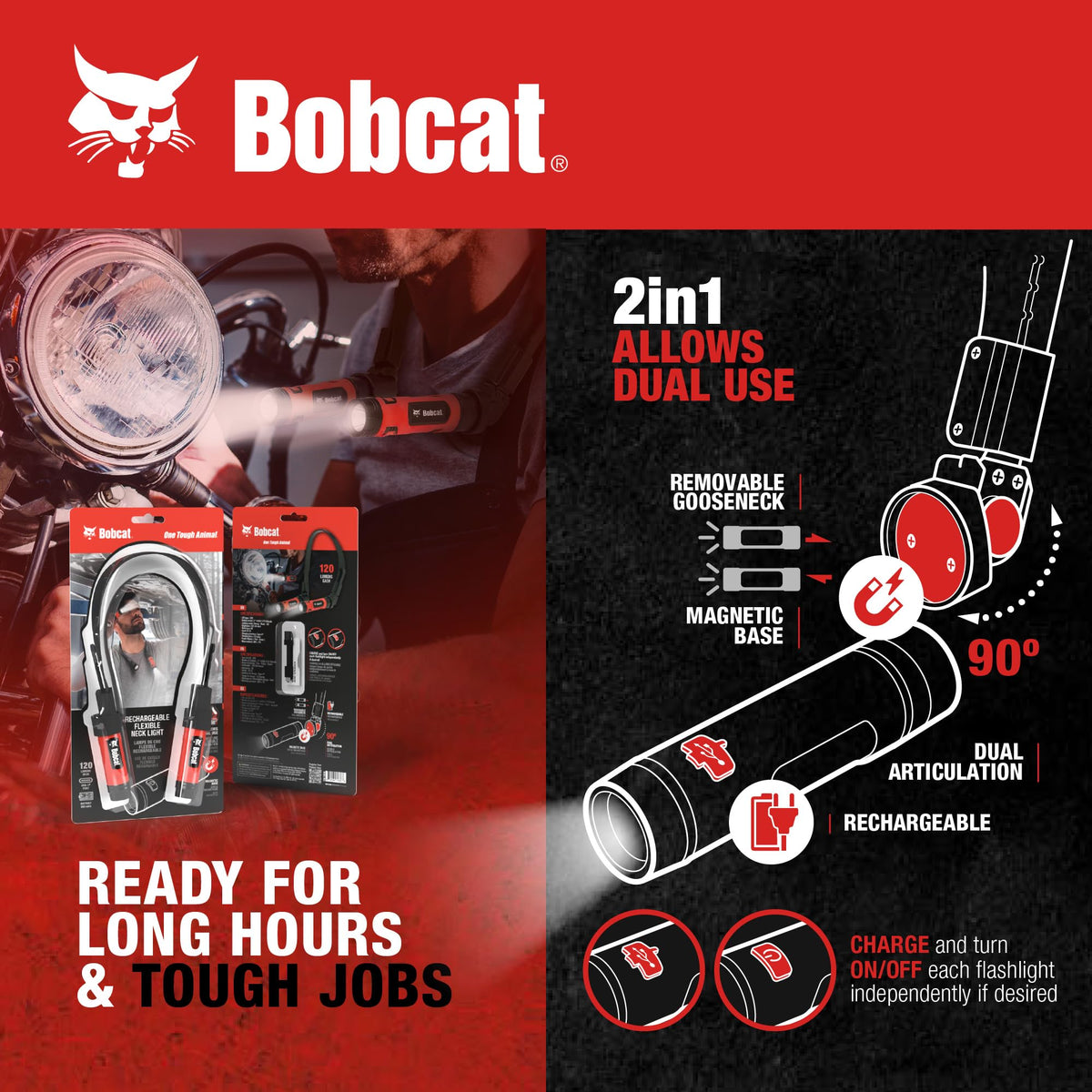 CJ TECH Bobcat neck light with magnetic base attaches to metal surfaces for hands-free work