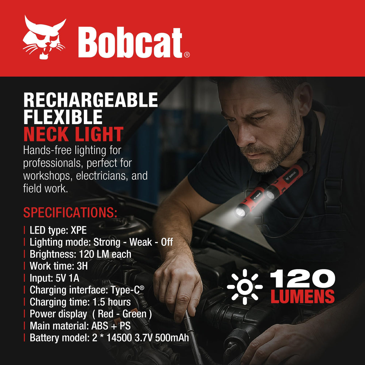 CJ TECH Bobcat neck light features three modes for adaptable lighting at any task