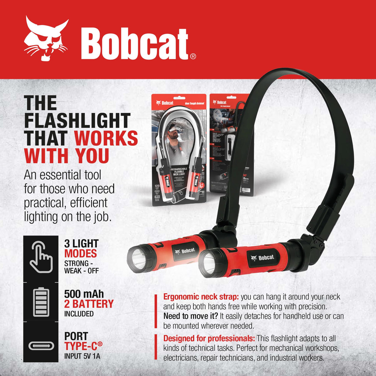 CJ TECH Bobcat neck light charges quickly via Type-C, powered by two 500mAh cells