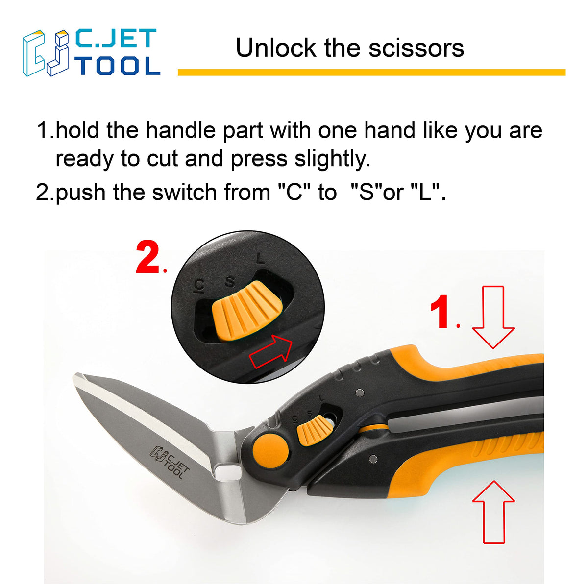 C.JET TOOL orange-handled scissors close-up showing comfortable grip