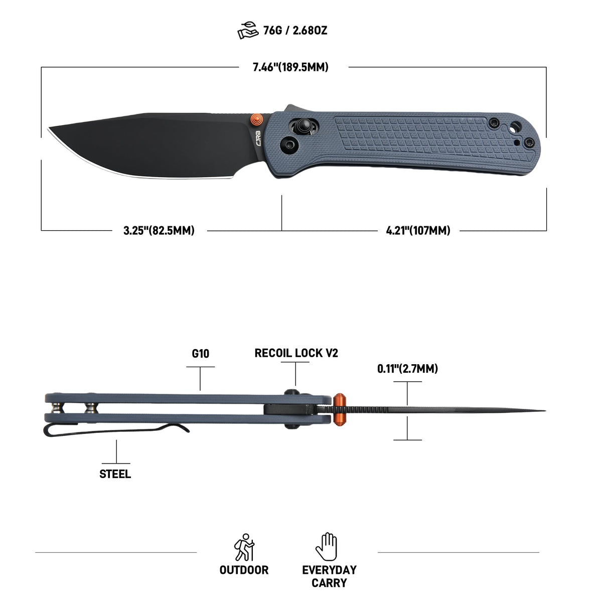 CJRB Bolt knife handle grip illustrating secure, comfortable control