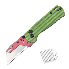 CJRB Boxer folding knife front view with secure button lock for easy one-handed use.