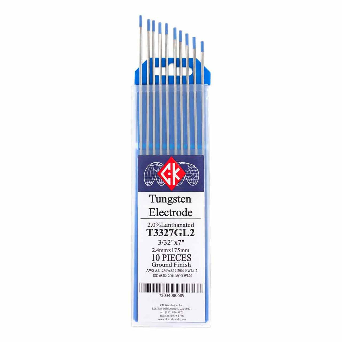 CK Worldwide T3327GL2 tungsten electrode blue 2% lanthanated for reliable arc starts.