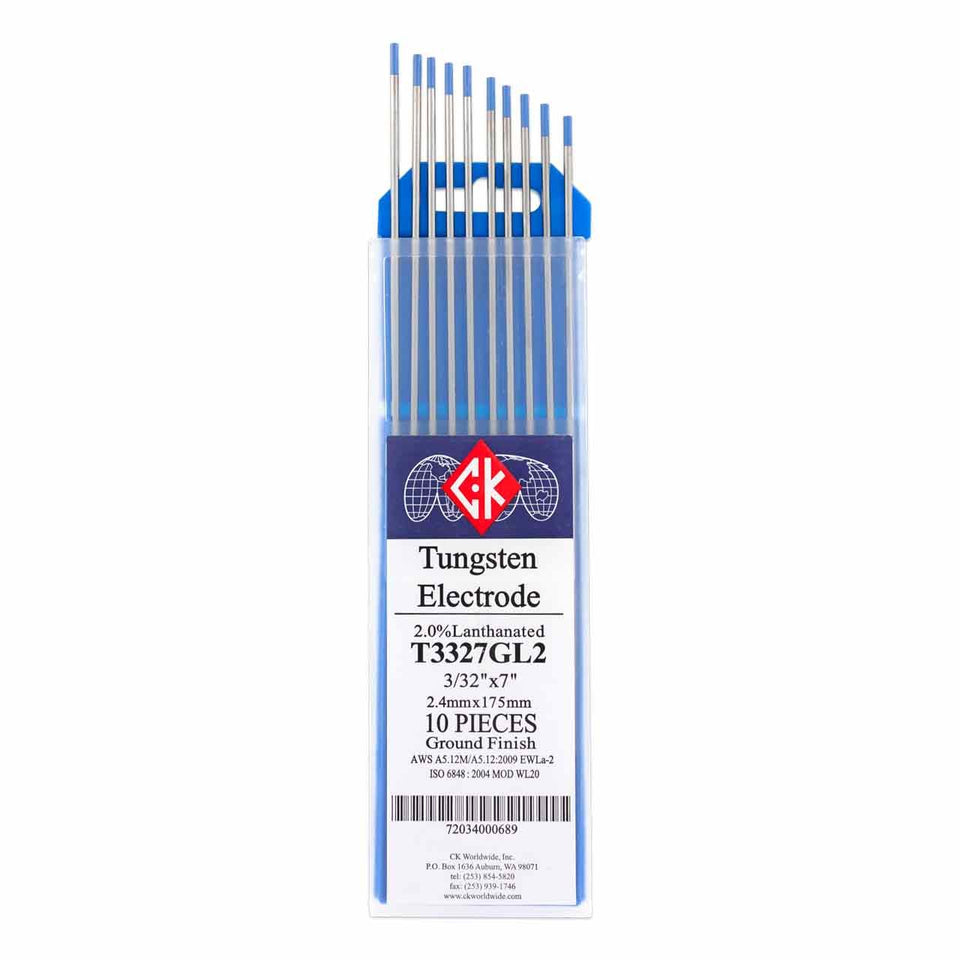 CK Worldwide T3327GL2 tungsten electrode blue 2% lanthanated for reliable arc starts.